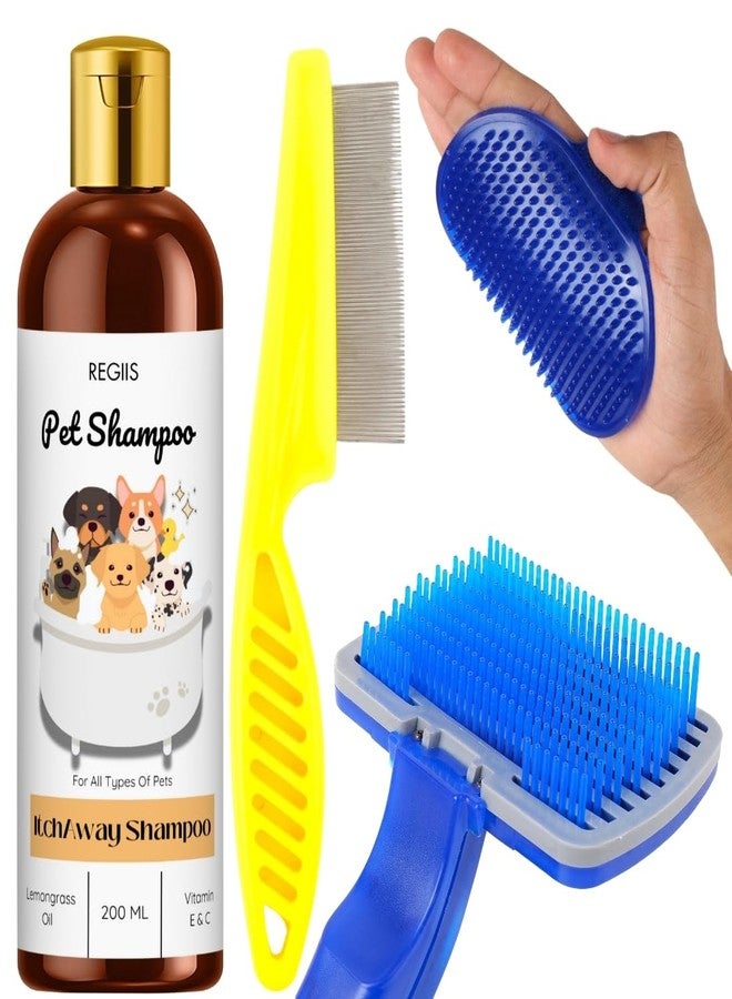 مجموعة ريجيس للعناية بالحيوانات الأليفة، شامبو للكلاب مضاد للحكة بزيت عشبة الليمون وفيتامينات E وC، 200 مل، تتضمن مشطًا للبراغيث وفرشاة سيليكون لجميع أنواع الحيوانات الأليفة (عبوة من 4 قطع) - Image 1